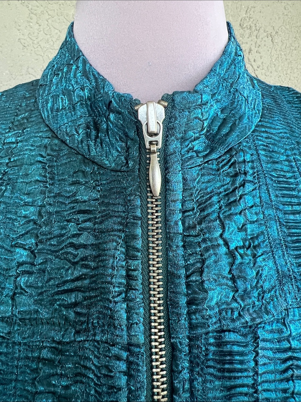 Chico’s Deep Teal Crinkled Long Sleeve Zip-Up Jacket Vintage 90’s Women’s Sz 1 - Picture 6 of 9